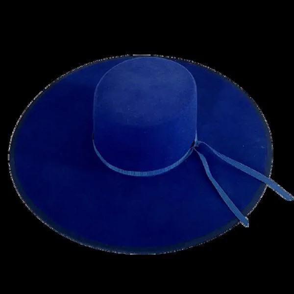 Синяя фетровая шляпа с большими полями для подиума, женская зимняя плоская шляпа с бантом в европейском стиле, женская модная Роскошная фет...