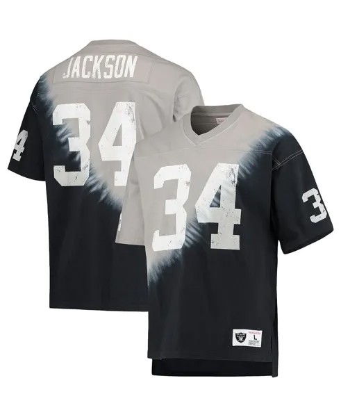 Мужская футболка bo jackson black, silver las vegas raiders с именем и номером вышедшего на пенсию игрока футболка с диагональным принтом тай-дай и v-образным вырезом Mitchell & Ness, мульти