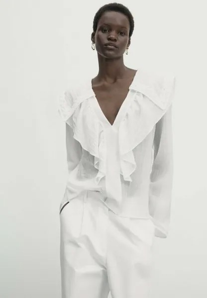 Блузка RUFFLED WITH EMBROIDERED DETAIL Massimo Dutti, цвет white