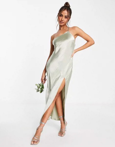 Шалфейно-зеленое атласное платье мидакси на одно плечо с драпировкой на спине ASOS DESIGN Bridesmaid-Зеленый цвет