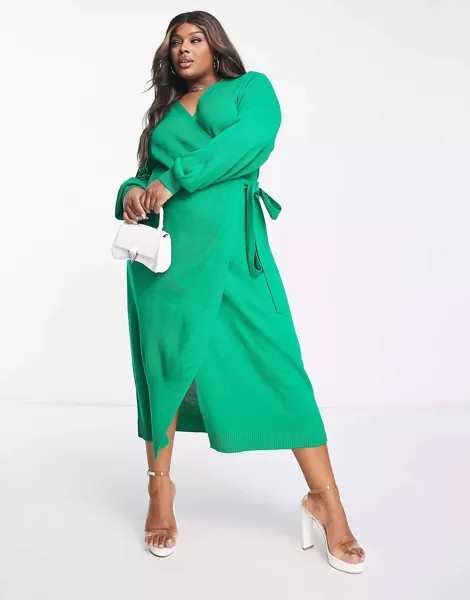 Изумрудное трикотажное платье с запахом и завязкой на талии Pretty Lavish Curve Beau