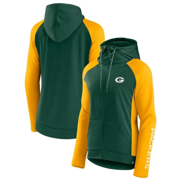 Женская худи с молнией во всю длину и реглан с логотипом Fanatics зеленого/золотого цвета Green Bay Packers Fanatics
