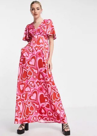 Розовое платье макси с расклешенными рукавами и принтом сердечек Twisted Wunder-Розовый цвет