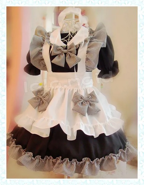 Платье японской горничной для девочек, милое клетчатое черно-белое платье в клетку, костюм для косплея Лолиты