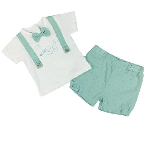 Комплект для мальчика Caramell серия Summer flight футболка и шорты белый/зелено-голубой, размер 62-68