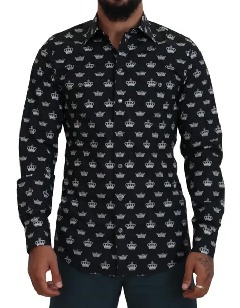 DOLCE - GABBANA Рубашка черная с принтом короны ЗОЛОТАЯ, приталенный крой 40 / 15,75 США / М 800 долларов США