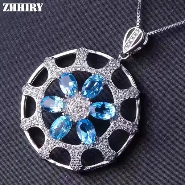ZHHIRY Настоящее серебро 925 пробы натуральный голубой топаз драгоценный камень ожерелье подвеска цепочка для женщин ювелирные украшения