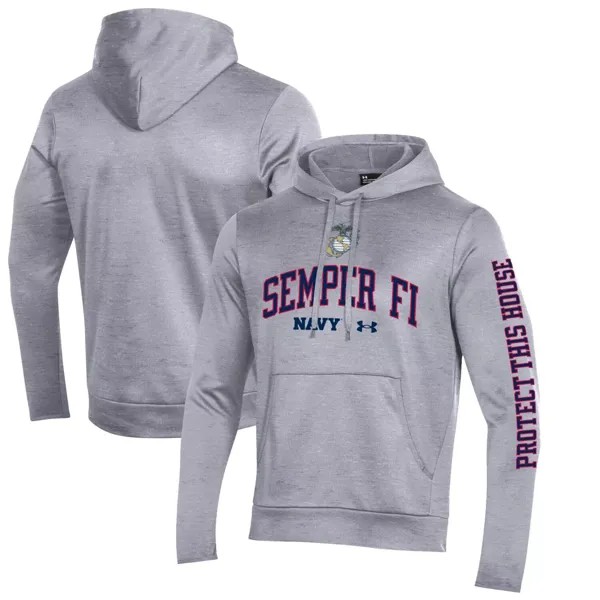 Мужской флисовый пуловер с капюшоном Under Armour серо-темно-синего цвета Midshipmen Rivalry USMC 2-Hit