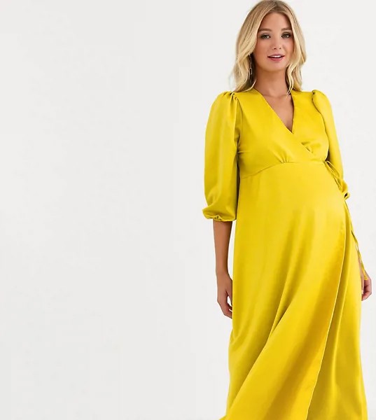 Атласное платье миди с запахом Queen Bee Maternity-Желтый