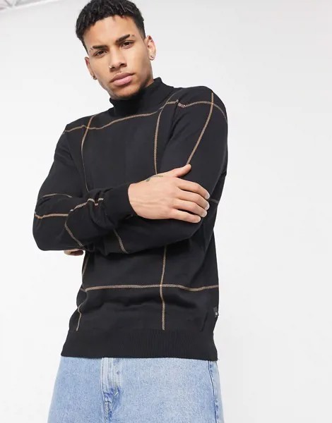 Черный вязаный джемпер в клетку с отворачивающимся воротником Burton Menswear-Черный цвет