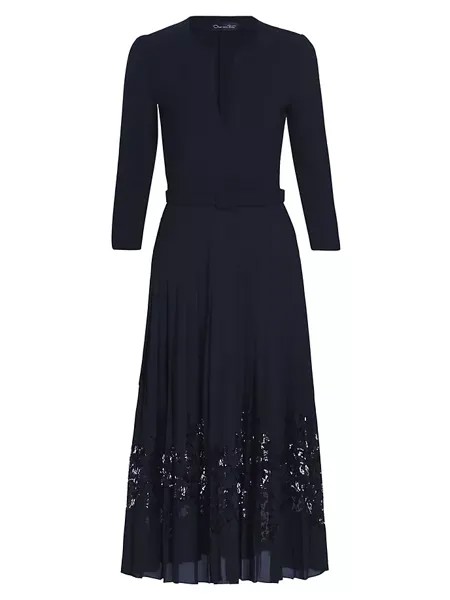Плиссированное платье миди со вставкой из шифона и кружева Oscar De La Renta, темно-синий