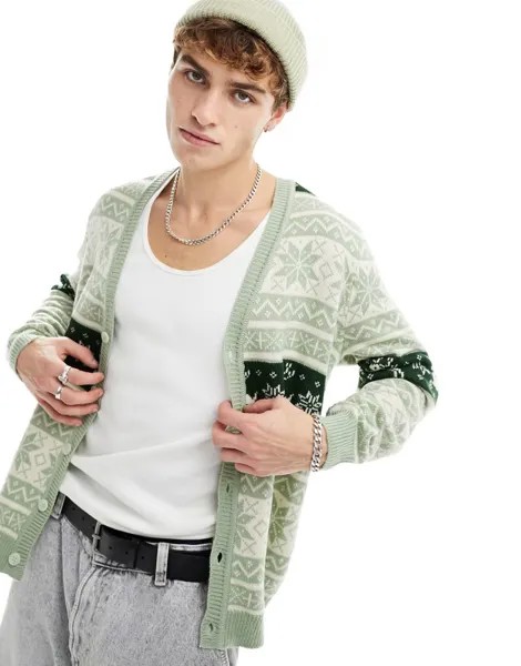 Зеленый вязаный рождественский кардиган ASOS DESIGN с узором «фейрайл»