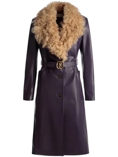Bally пальто с меховым воротником и поясом, фиолетовый