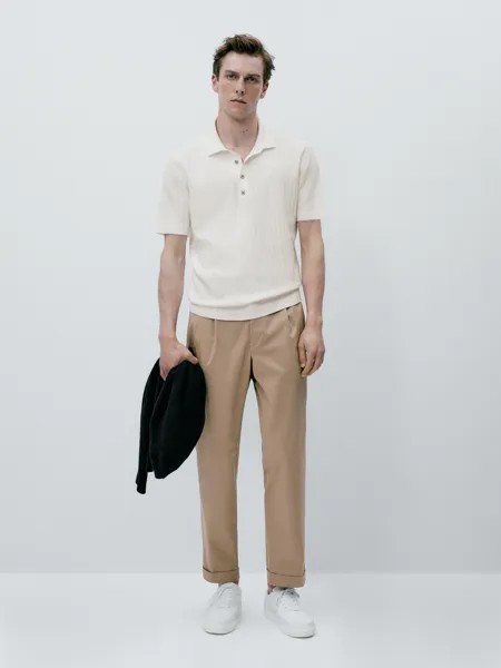 Трикотажный свитер поло с вертикальным фактурным изображением Massimo Dutti, кремовый