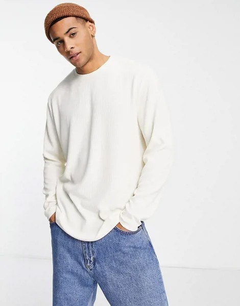 Светлый свободный лонгслив в рубчик из плотного материала ASOS DESIGN-Белый