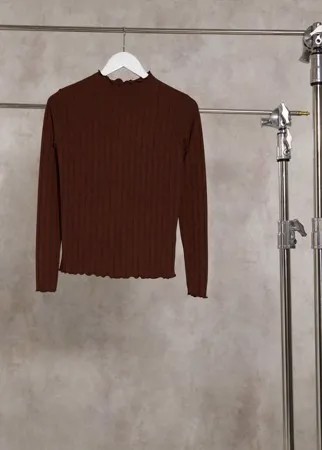Коричневый лонгслив с высоким воротником и волнистыми краями Stradivarius