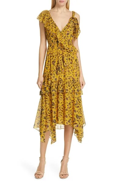 ULLA JOHNSON Желтое янтарное платье с цветочным принтом DANIA Многоярусное платье с рюшами и завязками на плечах 0