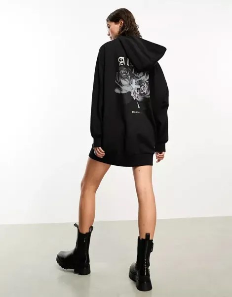 Эксклюзивное черное платье-худи с графическим принтом на спине AllSaints x ASOS
