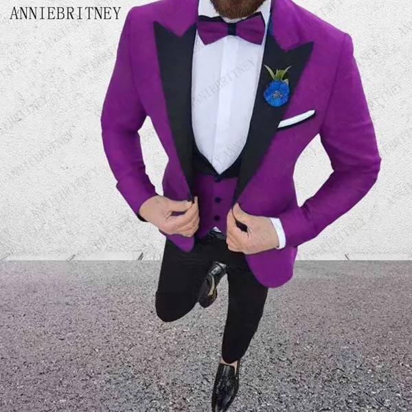 ANNIEBRITNEY фиолетовый мужской костюм 3 шт. 2018 деловой мужской свадебный смокинг жениха приталенный мужской костюм (пиджак + брюки + жилет)