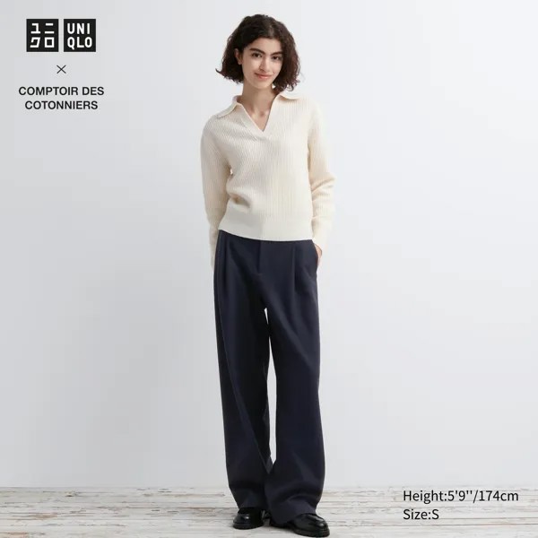 Брюки UNIQLO широкие из плиссированного джерси удлиненные, темно-синий