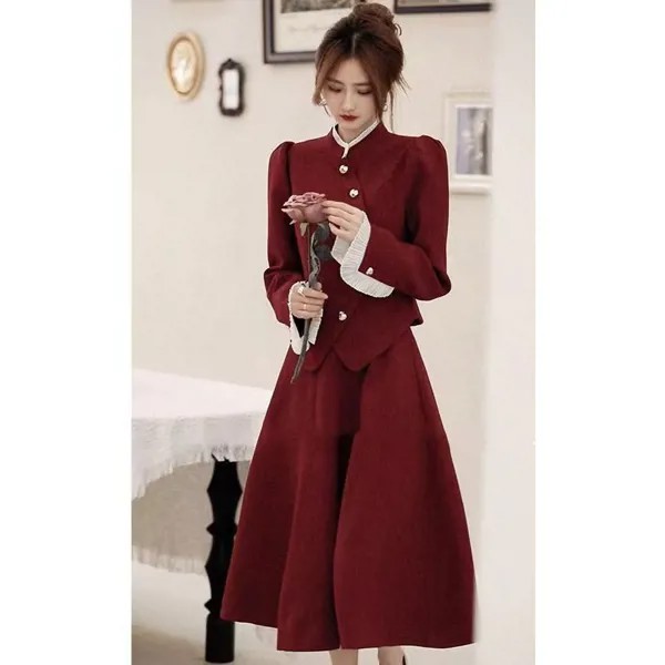 Женский винтажный Костюм-двойка, элегантный короткий пиджак и юбка-трапеция средней длины, корейский стиль, одежда для осени и зимы, 2023, S96