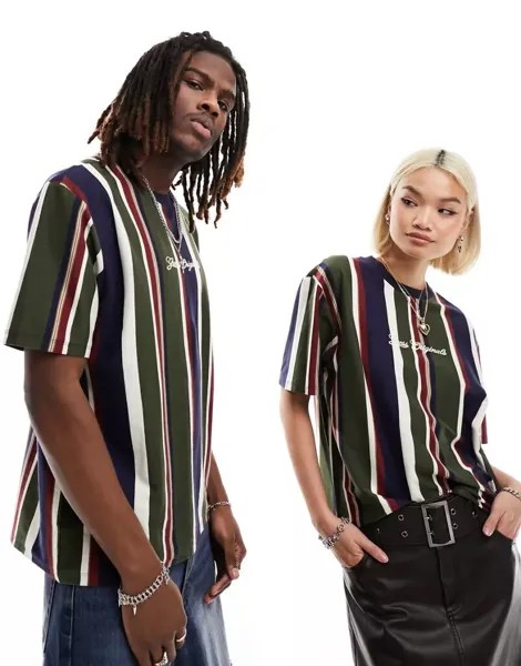 Темно-сине-зеленая футболка унисекс в вертикальную полоску GUESS Originals