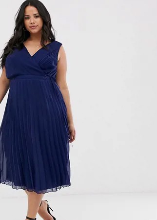 Платье мини с запахом на лифе, завязкой на талии и плиссированной юбкой ASOS DESIGN Curve-Темно-синий