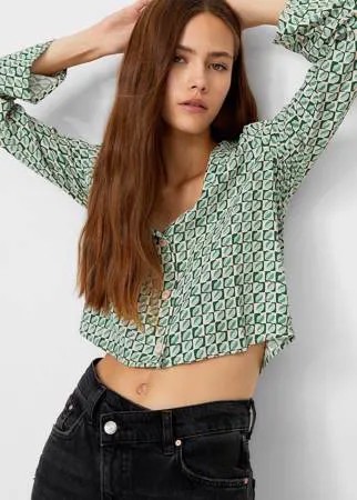 Stradivarius Рубашка С Расклешенными Рукавами Хаки Xs