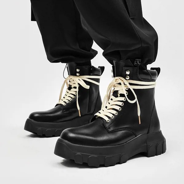 Qvah Owens мужские повседневные сапоги натуральная кожа роскошные кроссовки со шнуровкой Высокая уличная Осенняя черная обувь на плоской подошве