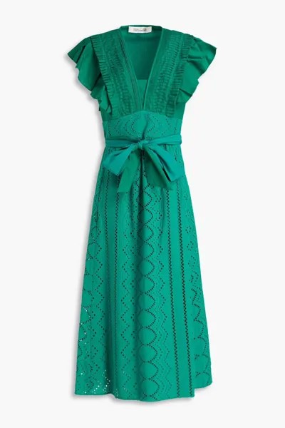 Платье миди из хлопкового шитья английской вышивки с поплиновыми вставками Diane Von Furstenberg, изумруд