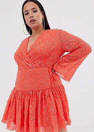 Платье мини с запахом, пайетками и пышной юбкой ASOS DESIGN Curve-Оранжевый