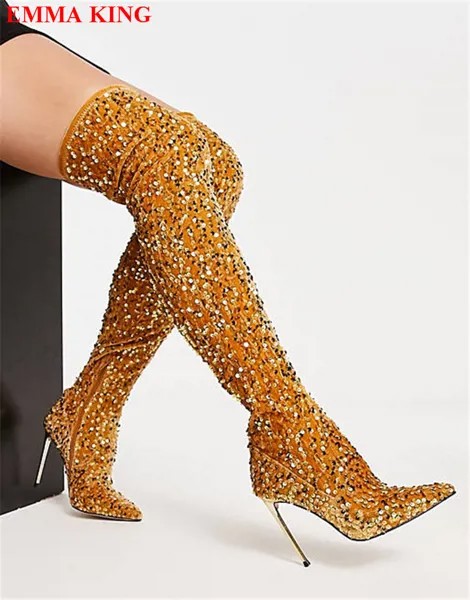 Ботфорты женские с блестками, шикарные дизайнерские высокие сапоги, заостренный носок, из ткани, праздничная обувь, желтые