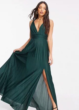 Темно-зеленое плиссированное платье макси с лямками на завязках ASOS DESIGN Tall exclusive-Зеленый