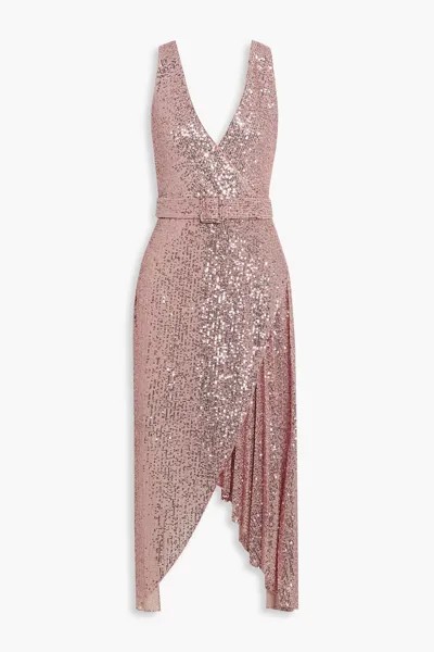 Платье из эластичного тюля с поясом и запахом, украшенное декором BADGLEY MISCHKA, розовый
