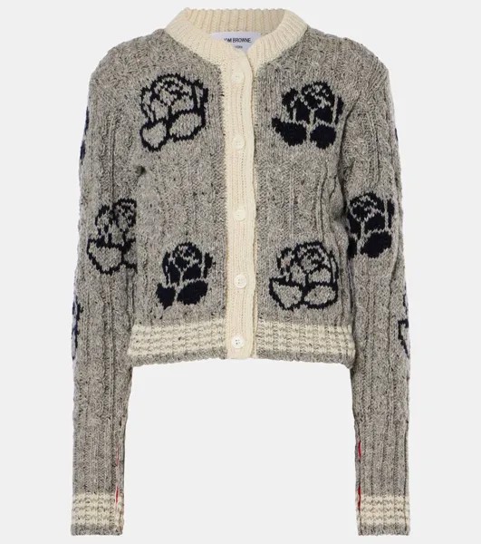 Кардиган в технике интарсия из розовой шерсти и мохера Thom Browne, цвет lt grey
