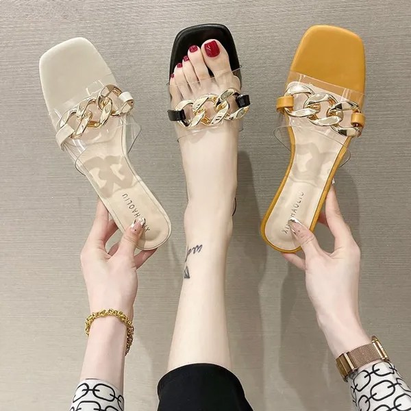 Тапочки женские из ПВХ, модная обувь на квадратном каблуке, с золотой цепочкой и открытым носком, шлепанцы