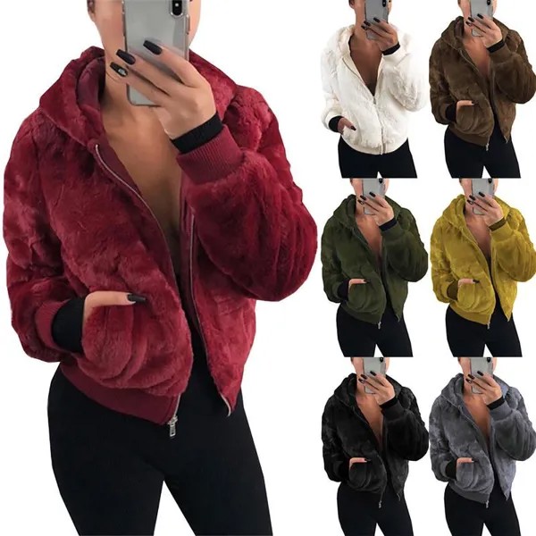 Womens Теплый Outwear Имитация меховой шубы с капюшоном плюшевый кролик меховой пальто Мягкая удобная осенняя зима