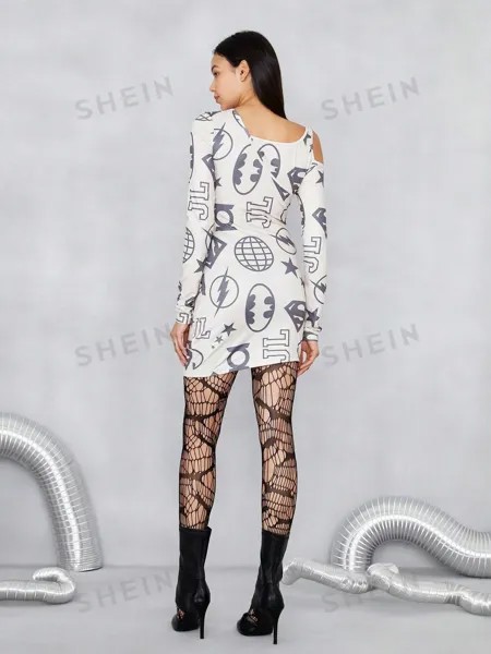 Платье SHEIN с асимметричным вырезом и буквенным принтом, абрикос
