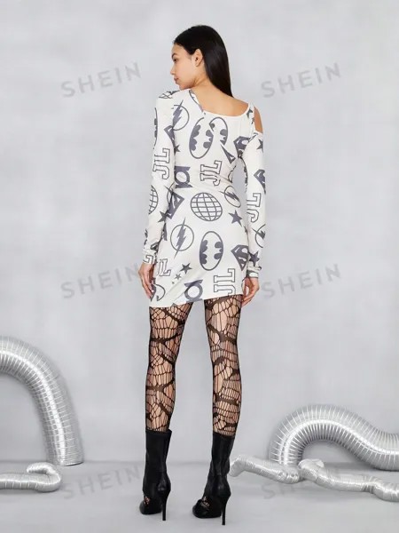 Платье Shein с асимметричным вырезом и буквенным принтом, абрикосовый