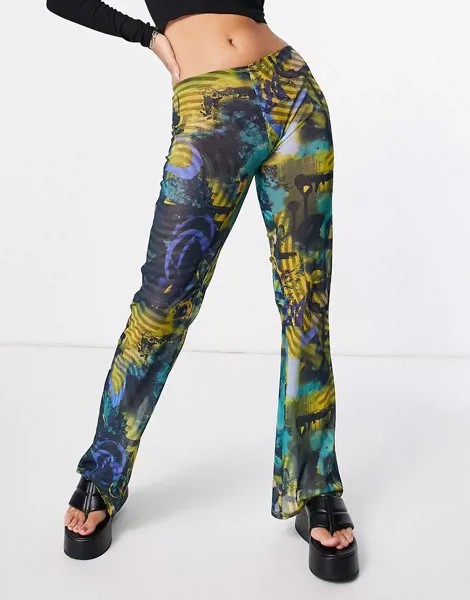 Расклешенные брюки с завышенной талией из сетчатой ткани с абстрактным принтом от комплекта Jaded London-Многоцветный