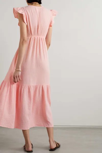 HONORINE Рубиновое платье миди из хлопкового хлопка с оборками, розовый