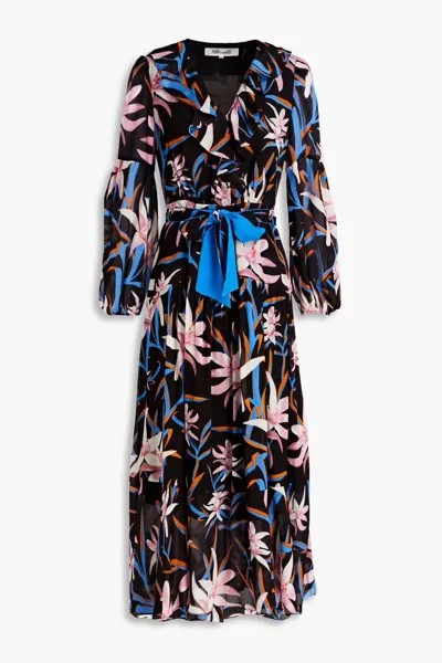 Платье миди из крепдешина с принтом и оборками Jaxson Diane Von Furstenberg, черный