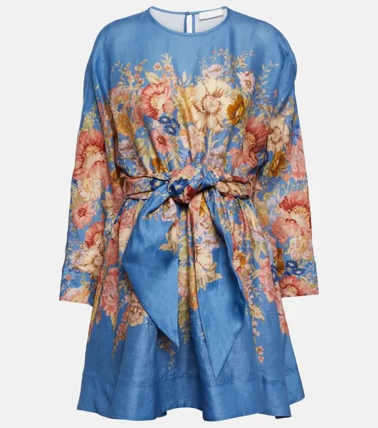 Льняное мини-платье august с цветочным принтом Zimmermann, синий