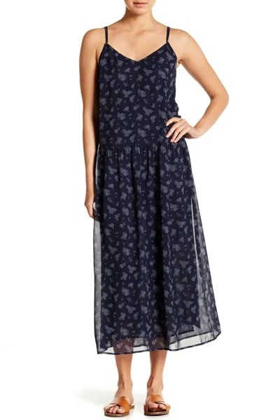 VINCE Прибрежное темно-синее ситцевое платье-комбинация с цветочным принтом, роскошное шелковое платье-комбинация XS 0/2
