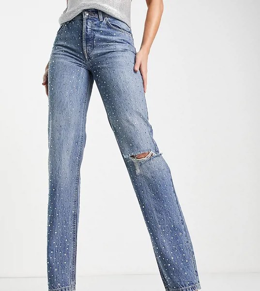 Прямые джинсы с заниженной талией из смесового органического хлопка со сплошной отделкой стразами и рваной отделкой на колене ASOS DESIGN Tall-Голубой