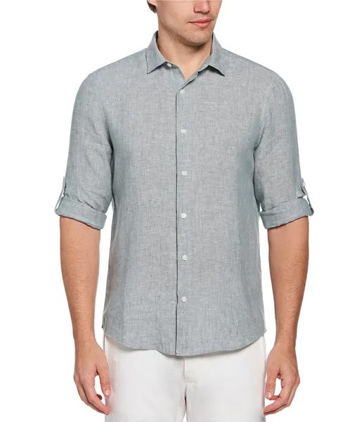 Льняная тканая рубашка с длинными рукавами Perry Ellis, зеленый