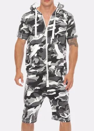 Мужские повседневные Комбинезон Camo Zipper Up с капюшоном передние карманы Breathable Jogger Lounge Set