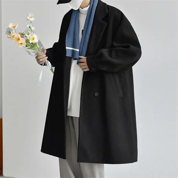 Однотонное корейское Мужское пальто средней длины с карманами, новинка зимы 2021, однотонный тренд, Молодежная плотная ветрозащитная Повседн...