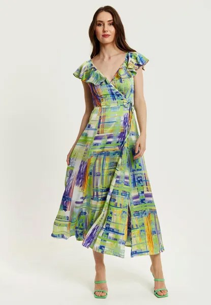 Платье макси с запахом и абстрактным принтом шалфейного и фиолетового цвета Liquorish, зеленый