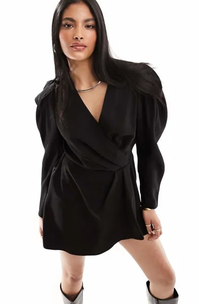 Платье & Other Stories Long Sleeve Wrap Mini With Extended Shoulders, черный